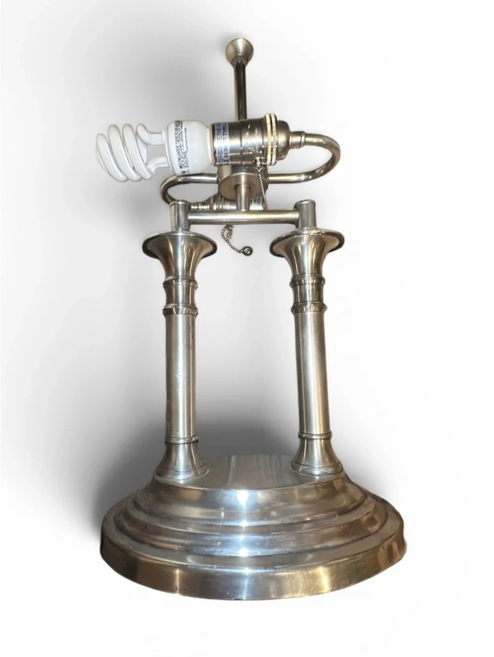 Vintage Pottery Barn Brushed Nickel Twin Column Table Lamp w/ Original Shade